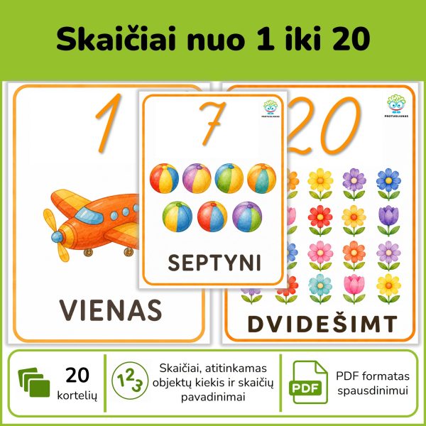 P207-skaiciai-nuo-1-iki-20 Rašytinių skaičių ir kiekio kortelės nuo 1 iki 20