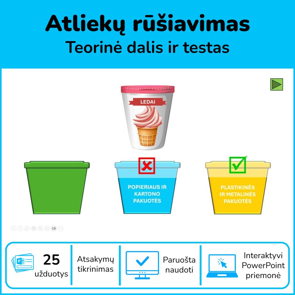 Atliekų rūšiavimas – PowerPoint mokomoji priemonė su teorija ir 25 interaktyviomis užduotimis vaikams