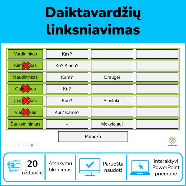Daiktavardžių linksniavimas – 20 interaktyvių PowerPoint užduočių su automatiniu atsakymų tikrinimu