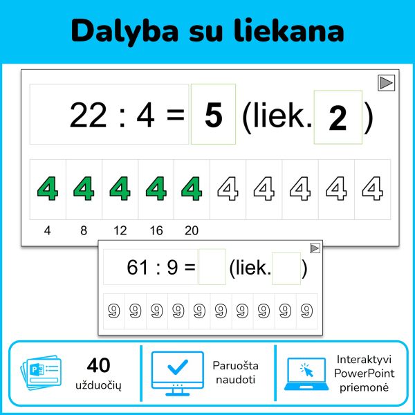 Dalyba su liekana – interaktyvi PowerPoint mokomoji priemonė vaikams, skirta dalybos su liekana įgūdžiams lavinti