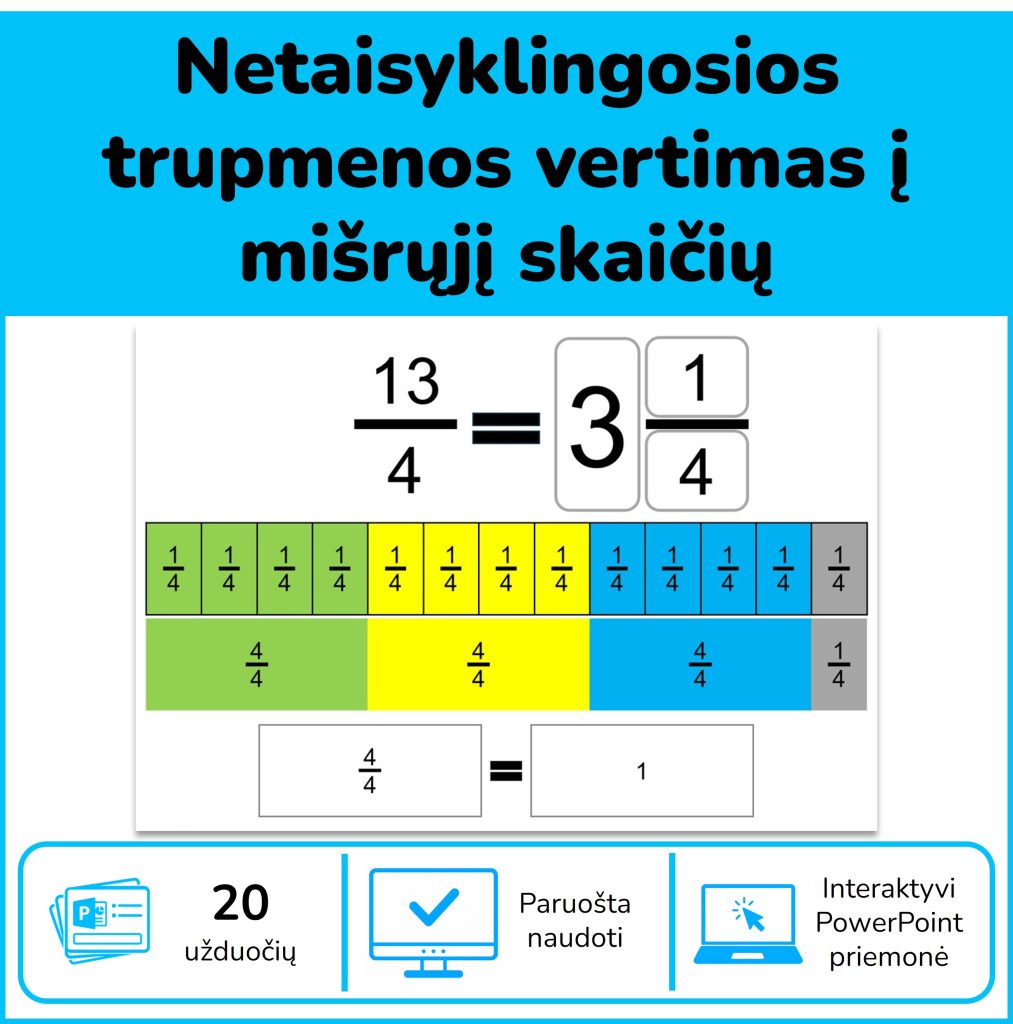 Netaisyklingųjų trupmenų vertimas į mišriuosius skaičius | Interaktyvios užduotys
