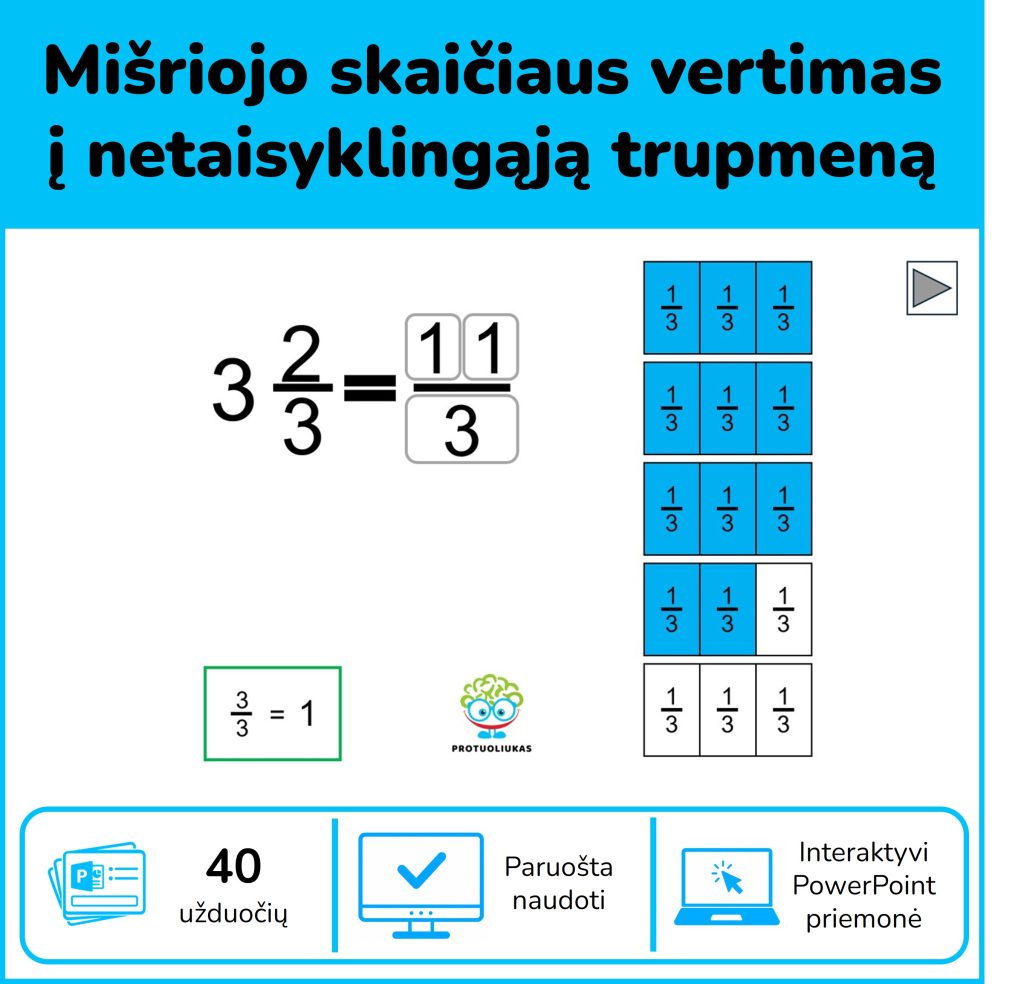 Mišriojo skaičiaus vertimas į netaisyklingąją trupmeną – 40 interaktyvių PowerPoint užduočių