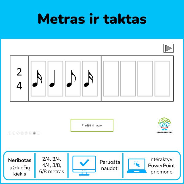 220-metras-ir-taktas-pptx Metras ir taktas – interaktyvi PowerPoint mokomoji priemonė vaikams, skirta muzikiniams metrams ir taktų sudarymui mokytis.