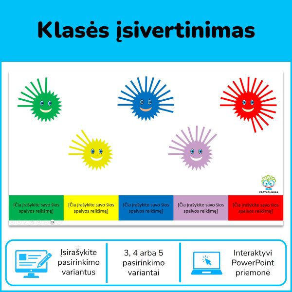 Interaktyvus įsivertinimas PowerPoint – spygliukų animacijos, 3, 4 arba 5 pasirinkimai