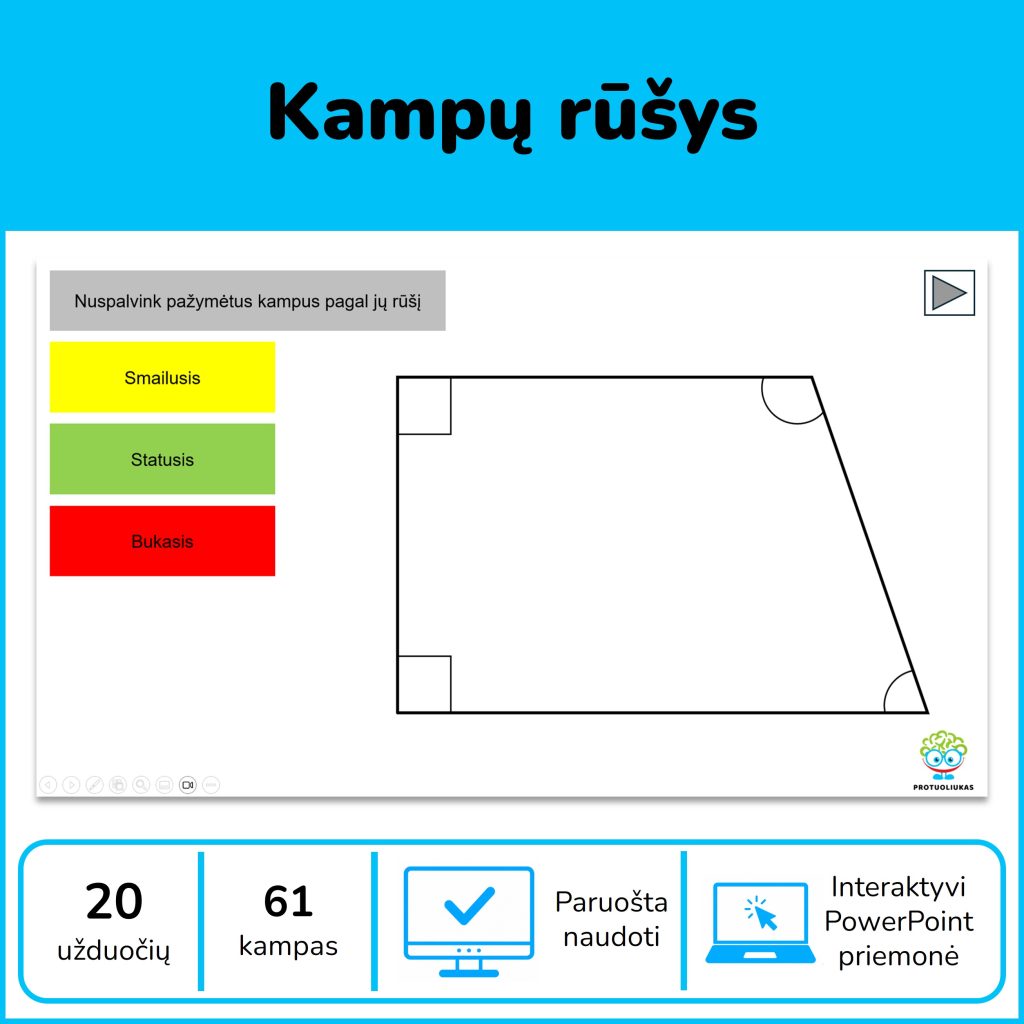 Kampų rūšys – 20 interaktyvių PowerPoint geometrijos užduočių su 61 spalvinamu kampu