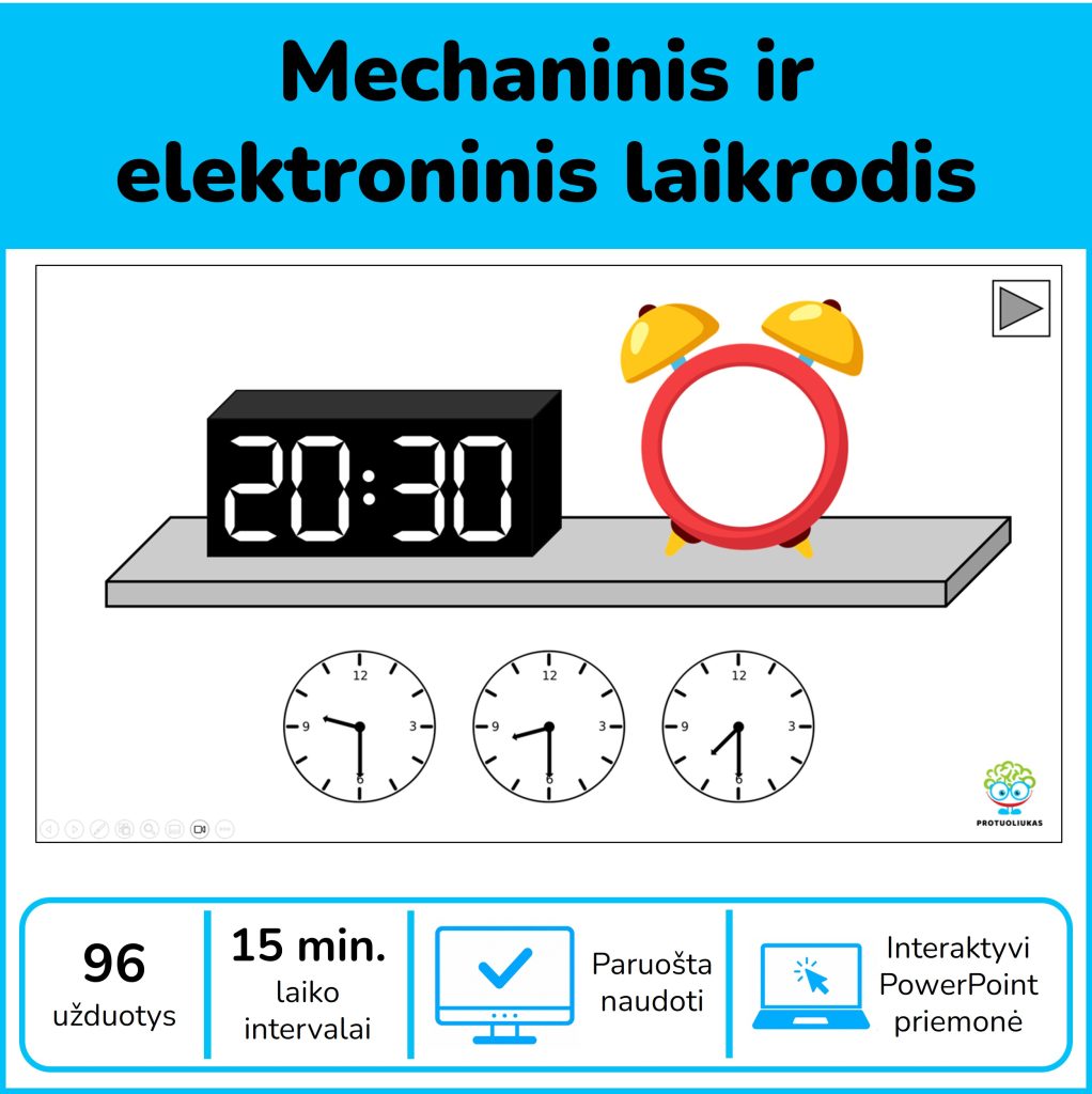 Laikrodis – 96 interaktyvios PowerPoint užduotys skaitmeniniam ir mechaniniam laikrodžiui pažinti
