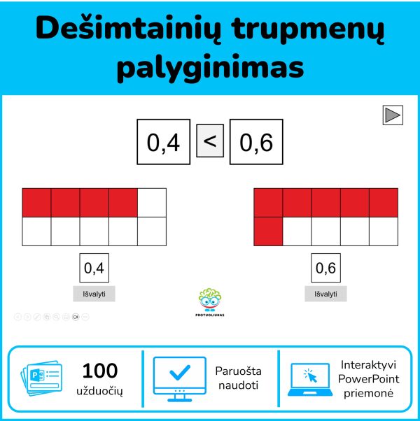 Dešimtainių trupmenų palyginimas – 100 interaktyvių PowerPoint užduočių su figūrų spalvinimu