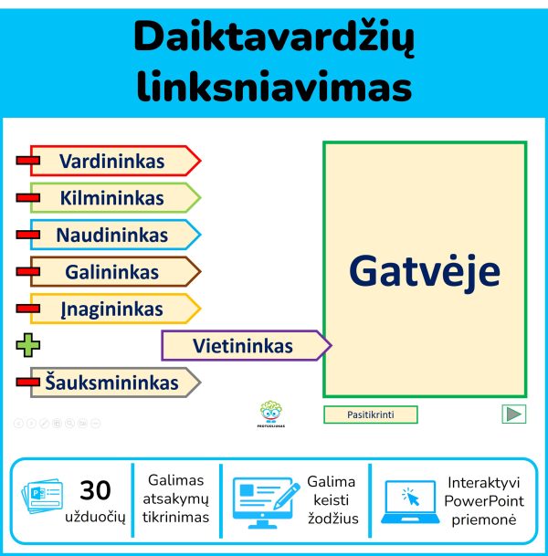 Daiktavardžių linksniavimas – interaktyvi PowerPoint mokomoji priemonė su 30 užduočių, pasirenkant versiją su atsakymų tikrinimu arba be jo.