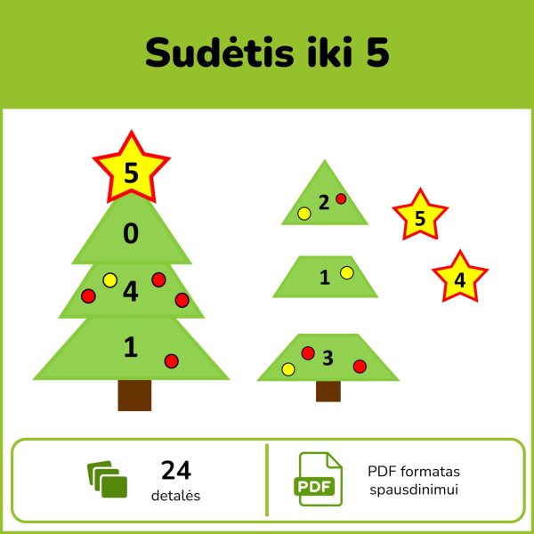 Sudėtis iki 5 – eglučių dėliojimo užduotys su 24 detalėmis vaikams
