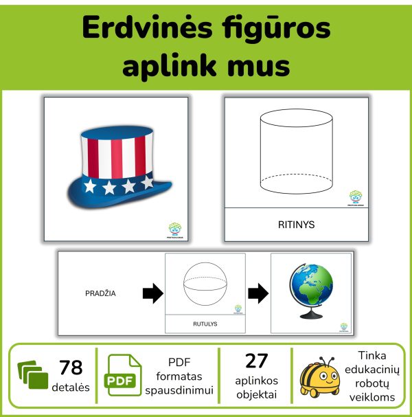 Erdvinės figūros – PDF kortelės edukaciniams robotukams su geometrinių kūnų brėžiniais, kasdienių daiktų iliustracijomis ir judėjimo maršrutų rodyklėmis.