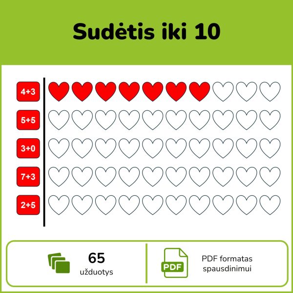 Sudėtis iki 10 – užduotys Valentino dienos tematika