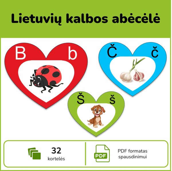 Lietuvių kalbos abėcėlė | Raidžių širdelės su paveikslėliais