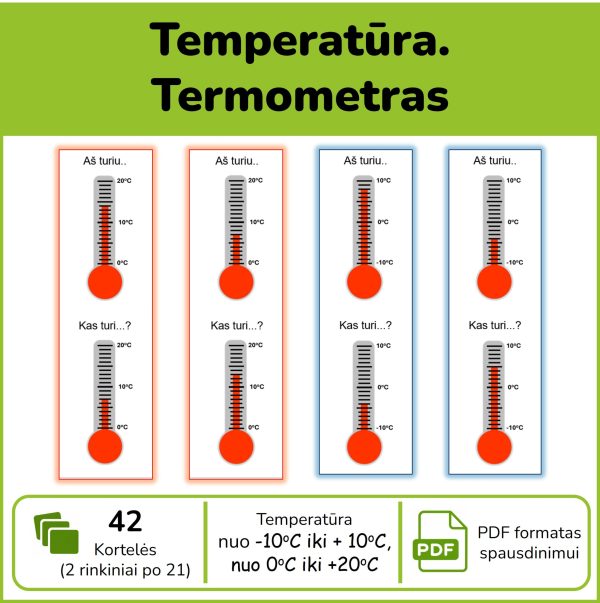 Termometras – žaidimas Aš turiu kas turi, 42 temperatūros pažinimo kortelės