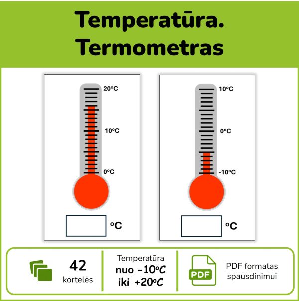 Temperatūra ir termometras – 42 temperatūros nustatymo užduočių kortelės vaikams