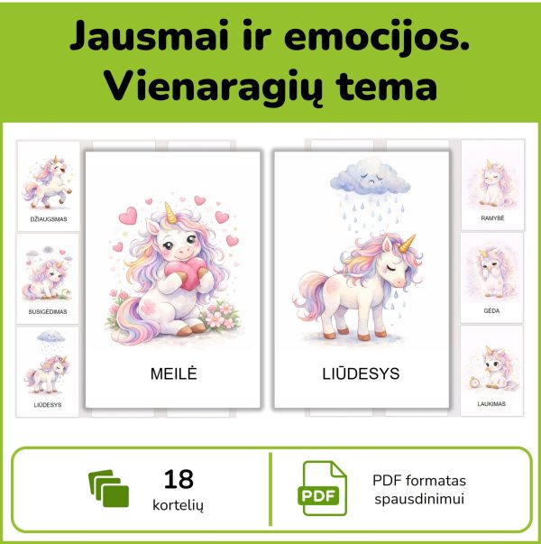 Jausmai ir emocijos – vienaragių kortelės su emocijų pavadinimais vaikams
