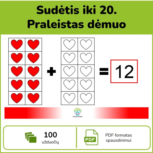 Sudėtis iki 20 – praleisto dėmens užduotys su širdelėmis vaikams