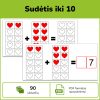 Sudėtis iki 10 – PDF matematikos priemonė vaikams su 90 vaizdinių sudėties užduočių, širdelių spalvinimu ir atsakymų įrašymu.