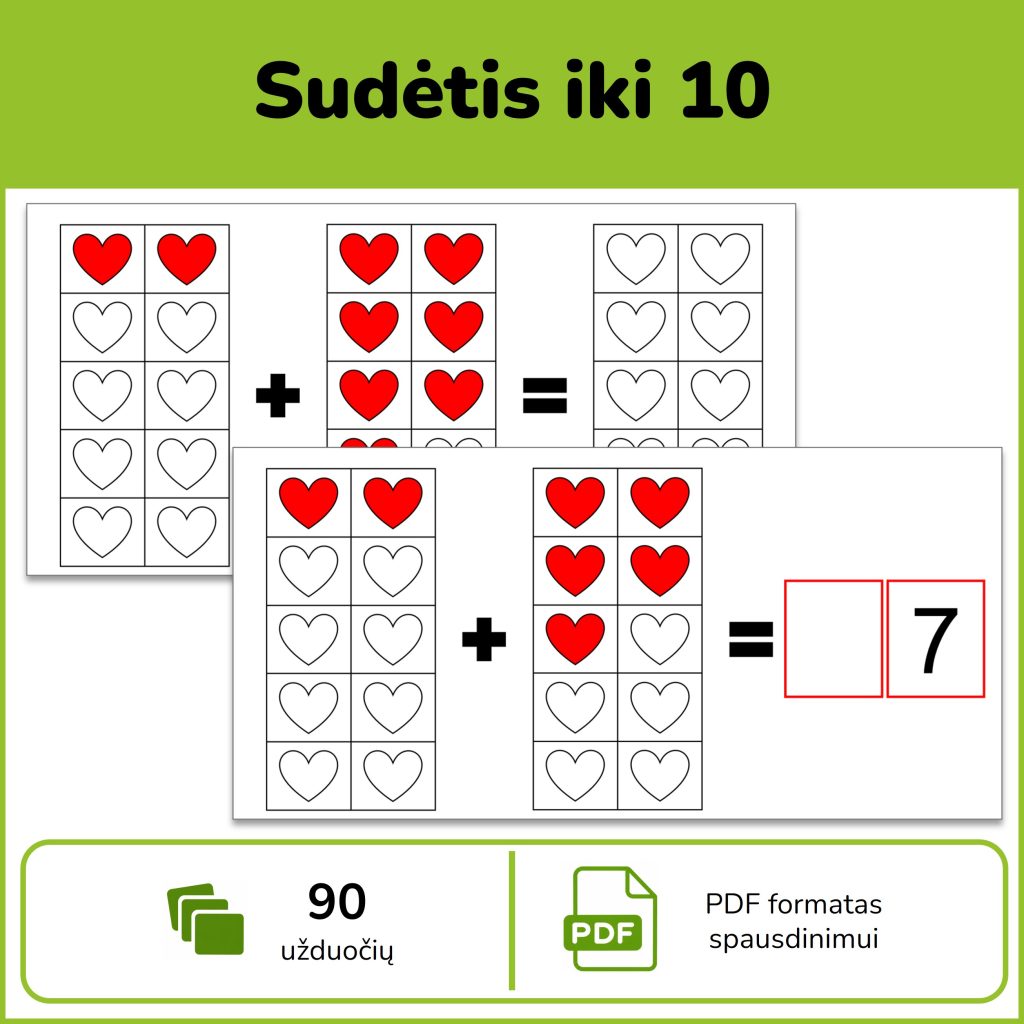 Sudėtis iki 10 – PDF matematikos priemonė vaikams su 90 vaizdinių sudėties užduočių, širdelių spalvinimu ir atsakymų įrašymu.