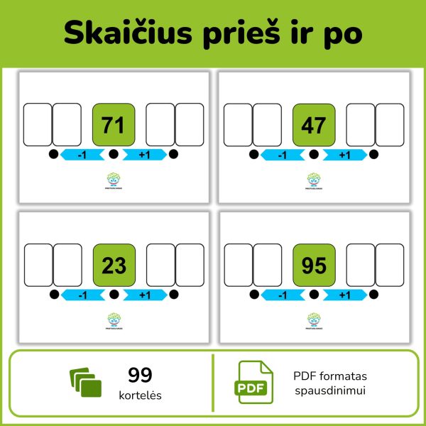 Skaičius prieš ir po – 99 skaičių sekos užduotys vaikams PDF formatu