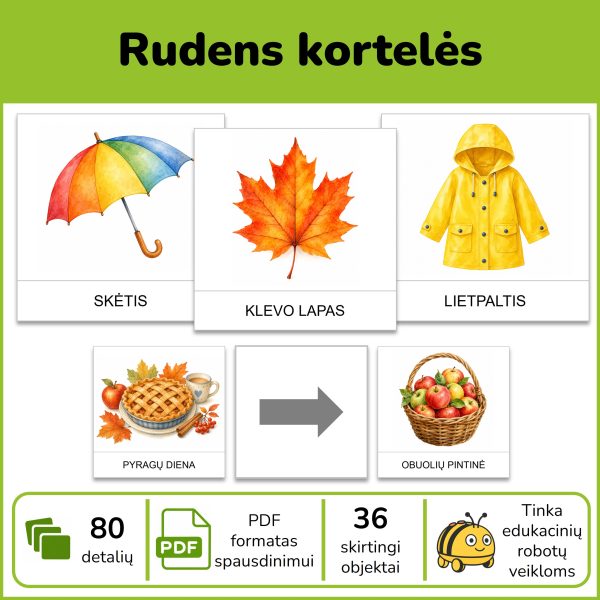 Bee-Bot rudens tematikos mokomoji priemonė vaikams – 36 iliustruotos PDF kortelės apie rudenį, gamtą, derlių, orus ir šventes, skirtos veikloms su Bee-Bot robotuku.