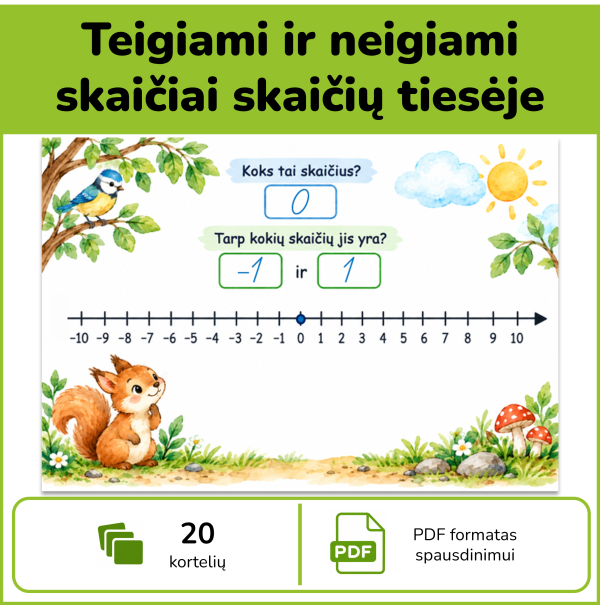 Teigiami ir neigiami skaičiai – 20 užduočių kortelių su skaičių tiesėmis nuo minus 10 iki 10