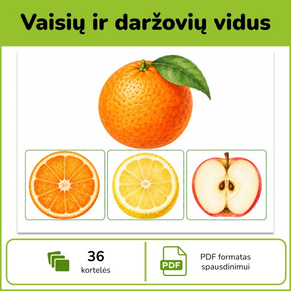 Vaisiai, daržovės ir jų vidus – 36 pjūvių atpažinimo kortelės vaikams su trimis atsakymų variantais