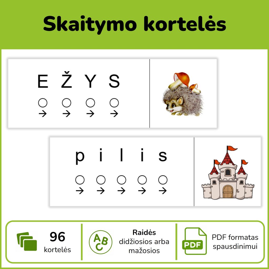 Skaitymo kortelės | Dviskiemenių žodžių kortelės
