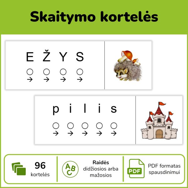 Skaitymo kortelės | Dviskiemenių žodžių kortelės