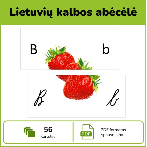 Abėcėlės raidės su paveikslėliais – 28 iliustruotos PDF kortelės su didžiosiomis ir mažosiomis spausdintinėmis bei rašytinėmis lietuvių kalbos raidėmis.