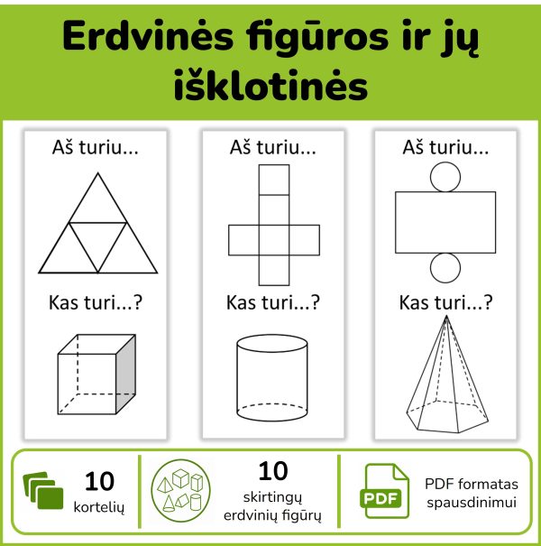 Aš turiu... Kas turi? Erdvinės figūros ir jų išklotinės – PDF matematikos žaidimas su 10 kortelių, skirtų geometrinių kūnų ir jų išklotinių atpažinimui.