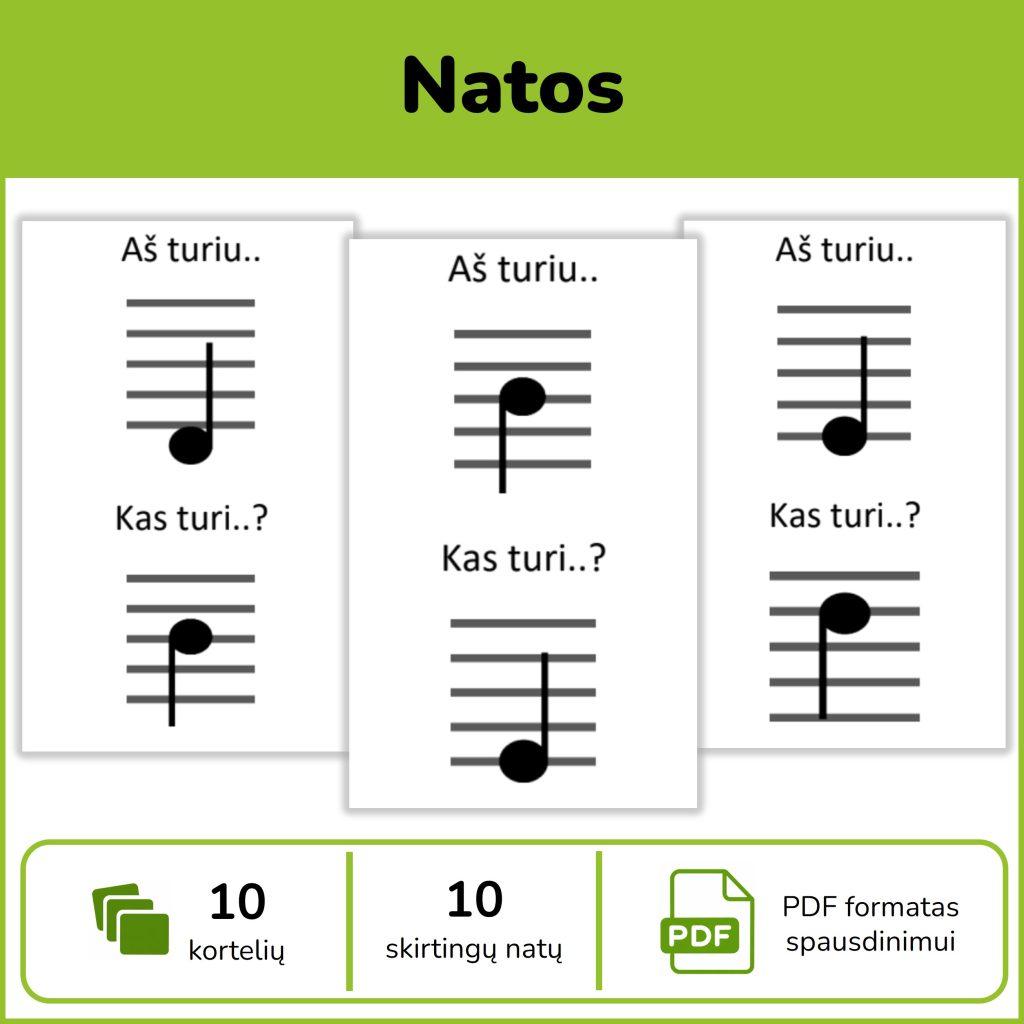 Aš turiu... Kas turi? Natos – spausdinamas PDF muzikinis žaidimas su 10 kortelių, skirtų natų padėčiai penklinėje atpažinti.