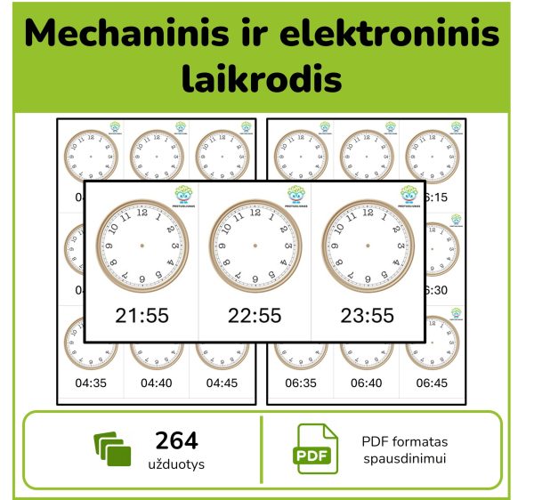 Mechaninis ir elektroninis laikrodis – 264 laiko pažinimo užduotys su rodyklių piešimu