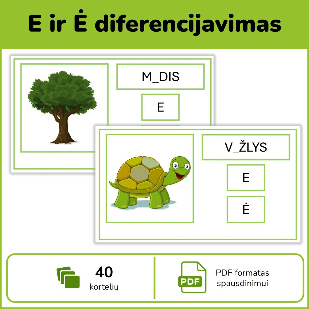 E ir Ė diferencijavimas – 40 PDF kortelių su paveikslėliais ir žodžiais didžiosiomis raidėmis