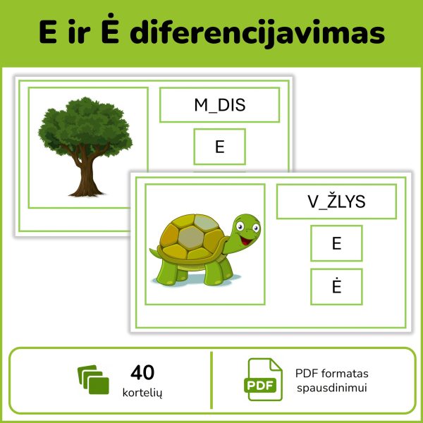 E ir Ė diferencijavimas – 40 PDF kortelių su paveikslėliais ir žodžiais didžiosiomis raidėmis