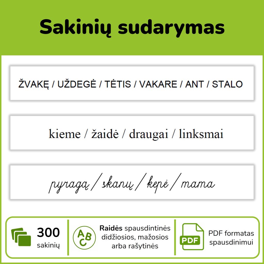 Sakinių sudarymo kortelės – 300 PDF užduočių su spausdintinėmis ir rašytinėmis raidėmis.