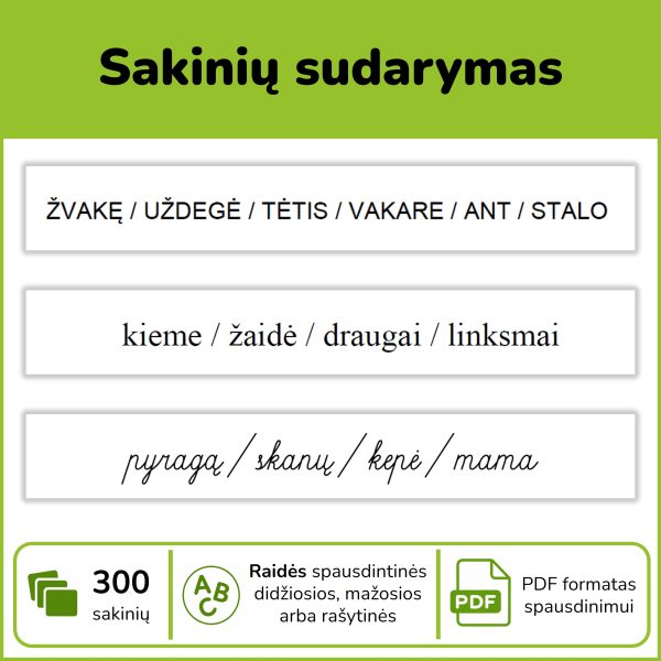 Sakinių sudarymo kortelės – 300 PDF užduočių su spausdintinėmis ir rašytinėmis raidėmis.