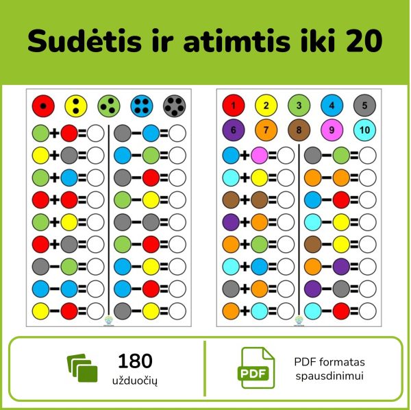 Sudėtis ir atimtis iki 20 – matematikos užduotys vaikams