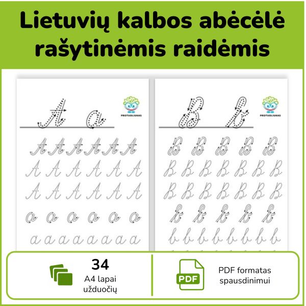 Rašytinių lietuvių abėcėlės raidžių vedžiojimas – PDF mokomoji priemonė vaikams su 32 didžiųjų ir mažųjų raidžių pratimais pagal taškelius.