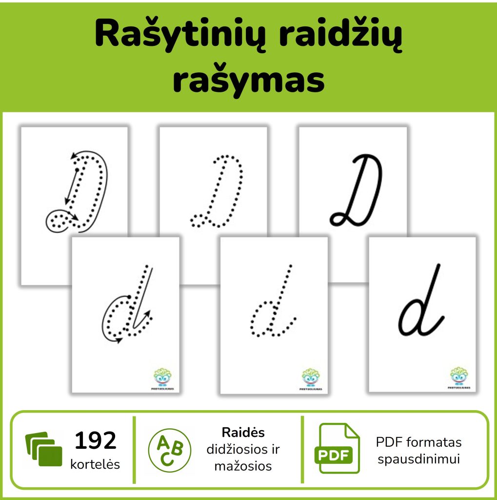 Rašytinės lietuvių abėcėlės raidės – 192 PDF užduotys su rašymo krypties rodyklėmis ir apvedžiojimu